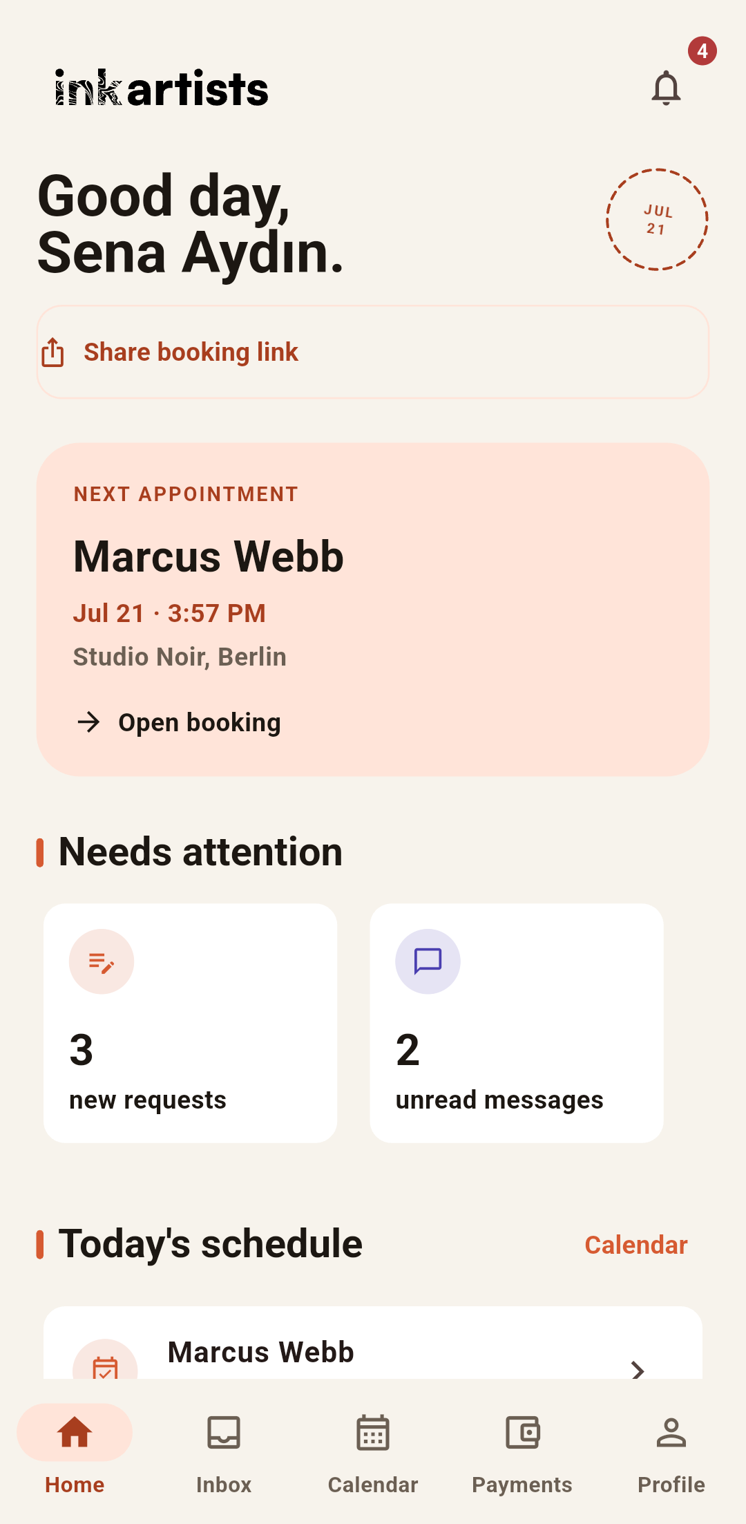 InkArtists artist app home with requests, bookings and profile controls