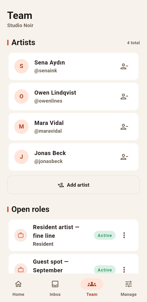 InkArtists app studio team screen with artists and open roles